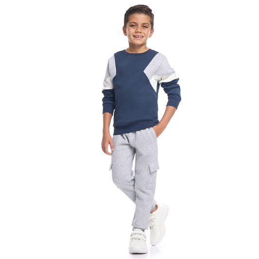 Boys’ Trendy Cargo Jogger Tracksuit – Navy & Grey Fleece Set | Comfortable Fit