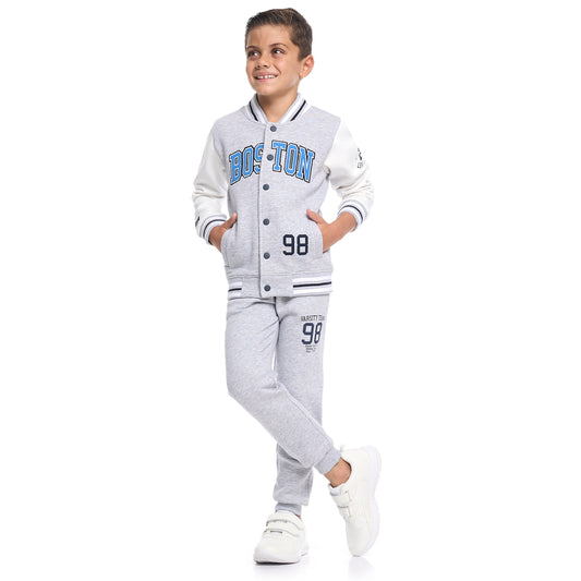 Boys’ Stylish Varsity Tracksuit – Grey Boston Print Jacket & Joggers