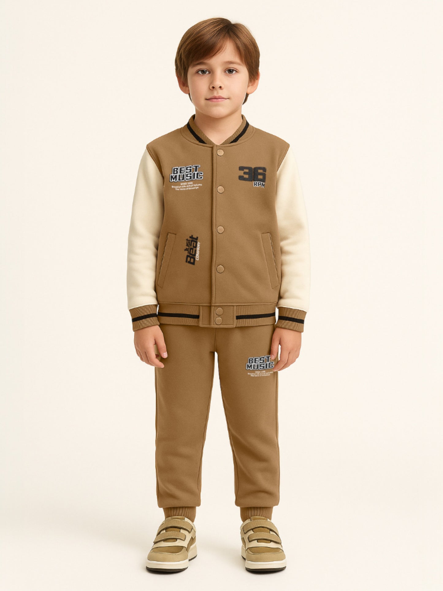 Boys’ Stylish Varsity Tracksuit – Brown Rhythm Print Jacket & Joggers