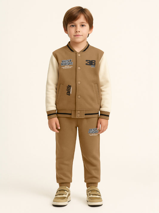 Boys’ Stylish Varsity Tracksuit – Brown Rhythm Print Jacket & Joggers
