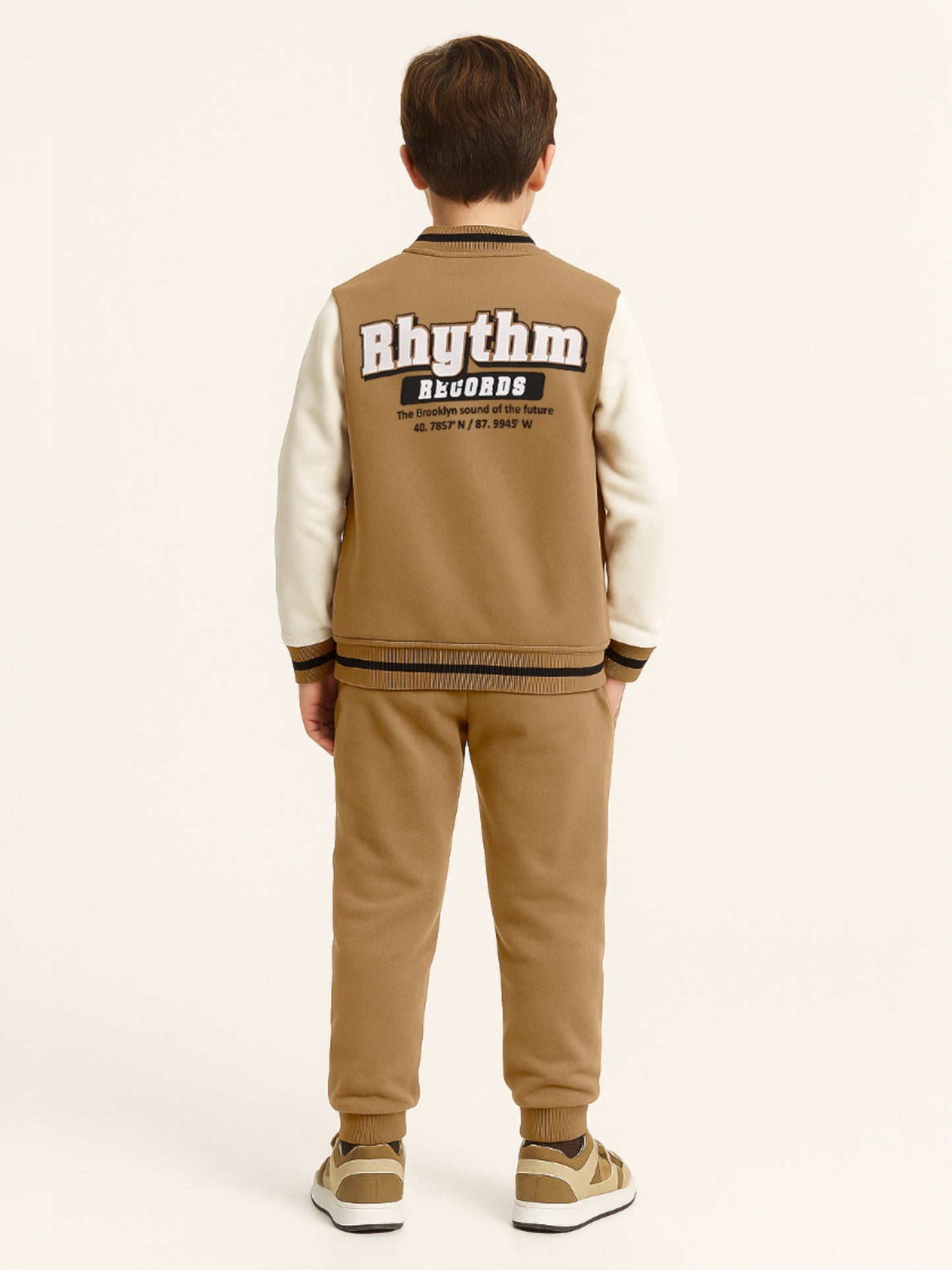 Boys’ Stylish Varsity Tracksuit – Brown Rhythm Print Jacket & Joggers