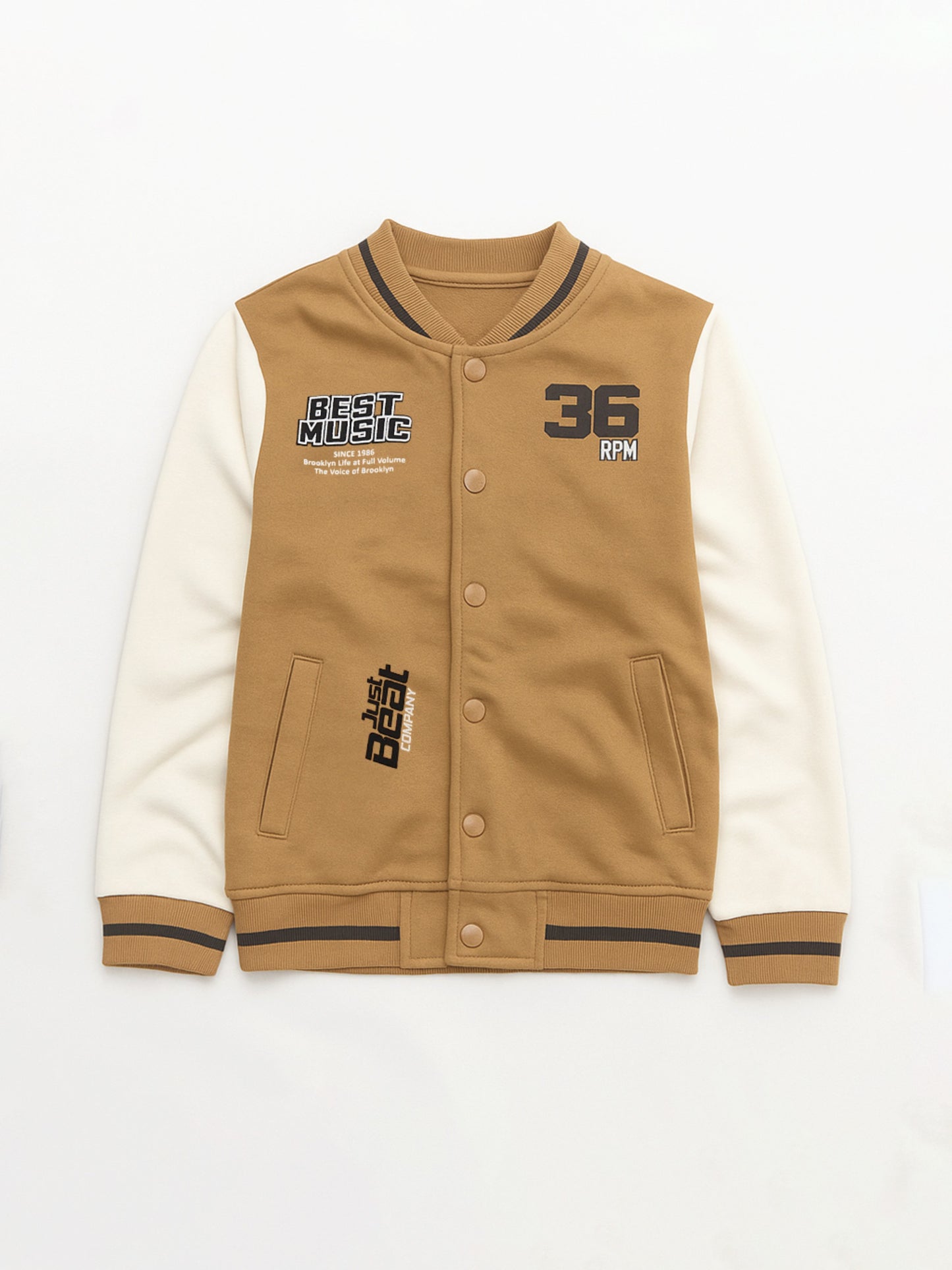 Boys’ Stylish Varsity Tracksuit – Brown Rhythm Print Jacket & Joggers