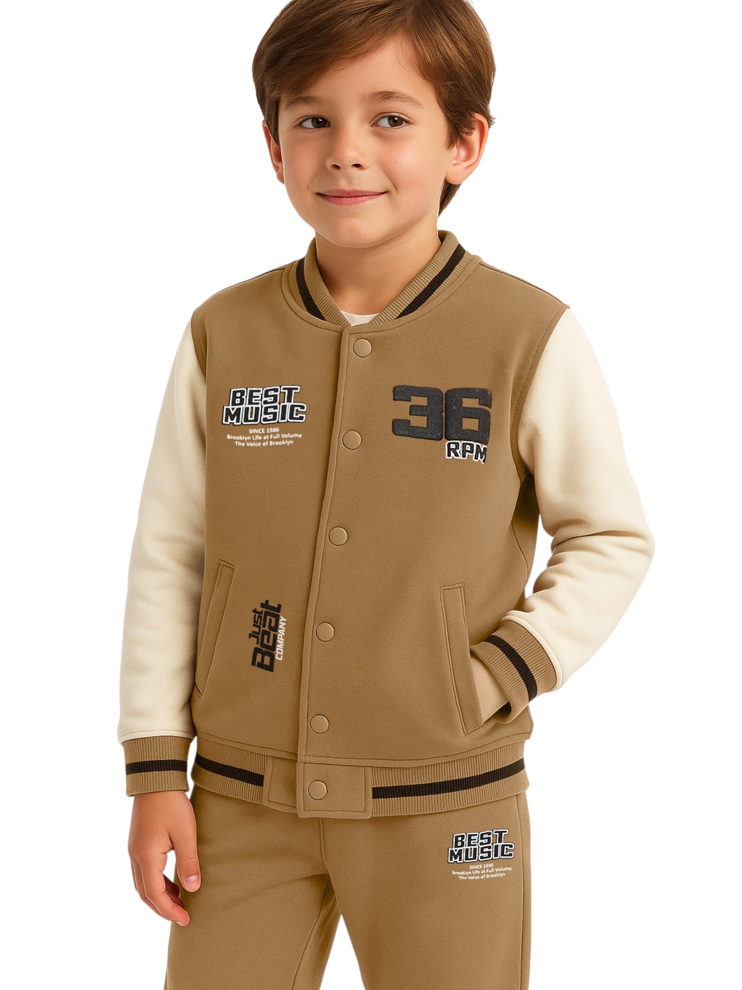 Boys’ Stylish Varsity Tracksuit – Brown Rhythm Print Jacket & Joggers