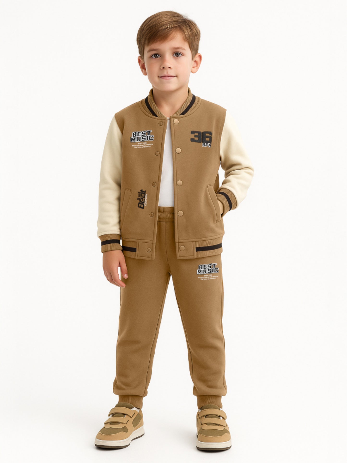 Boys’ Stylish Varsity Tracksuit – Brown Rhythm Print Jacket & Joggers
