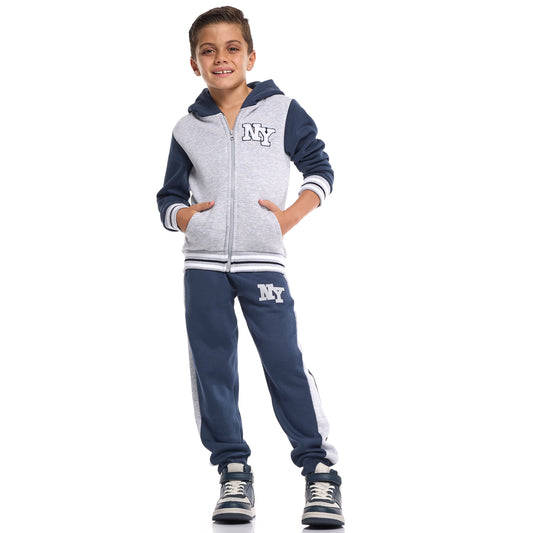 Boys’ Trendy NY Logo Tracksuit – Grey Zip up Hoodie & Navy Joggers Set