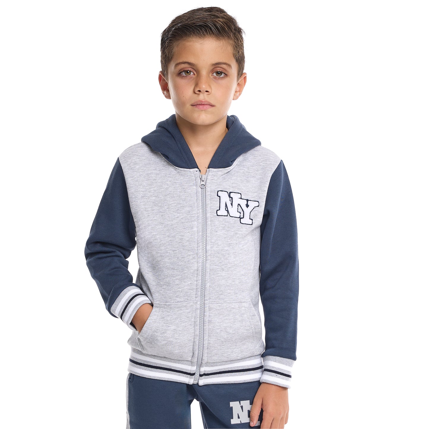 Boys’ Trendy NY Logo Tracksuit – Grey Zip up Hoodie & Navy Joggers Set