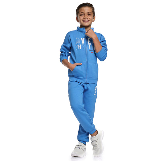 Boys Blue Zipper Jacket Set – “Over the Top” Print with High Neck & Pocket Joggers