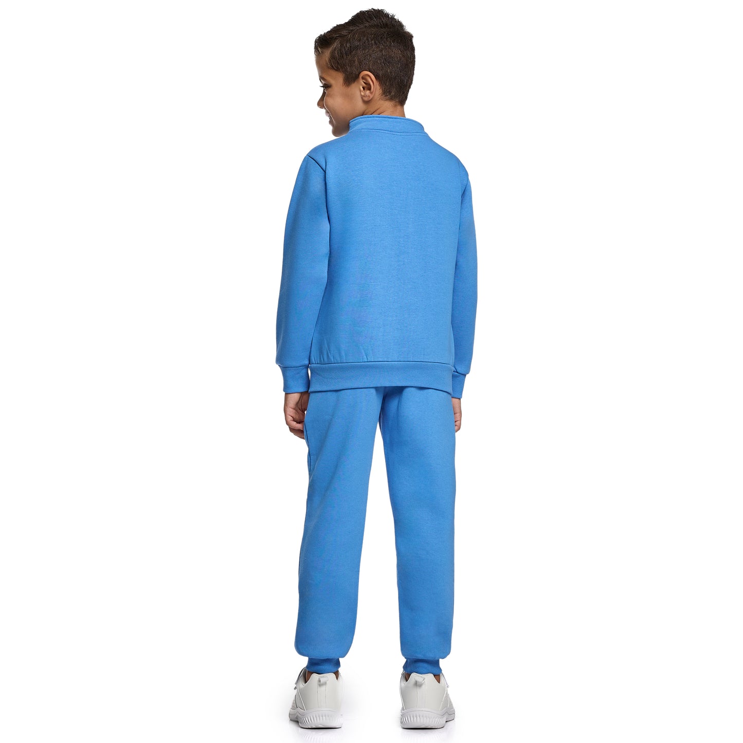Boys Blue Zipper Jacket Set – “Over the Top” Print with High Neck & Pocket Joggers