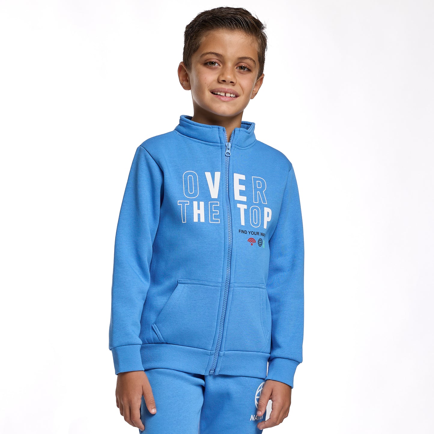 Boys Blue Zipper Jacket Set – “Over the Top” Print with High Neck & Pocket Joggers
