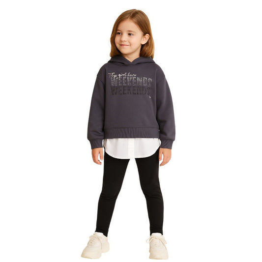 Girls Layered Weekends Fleece Hoodie – Charcoal Grey