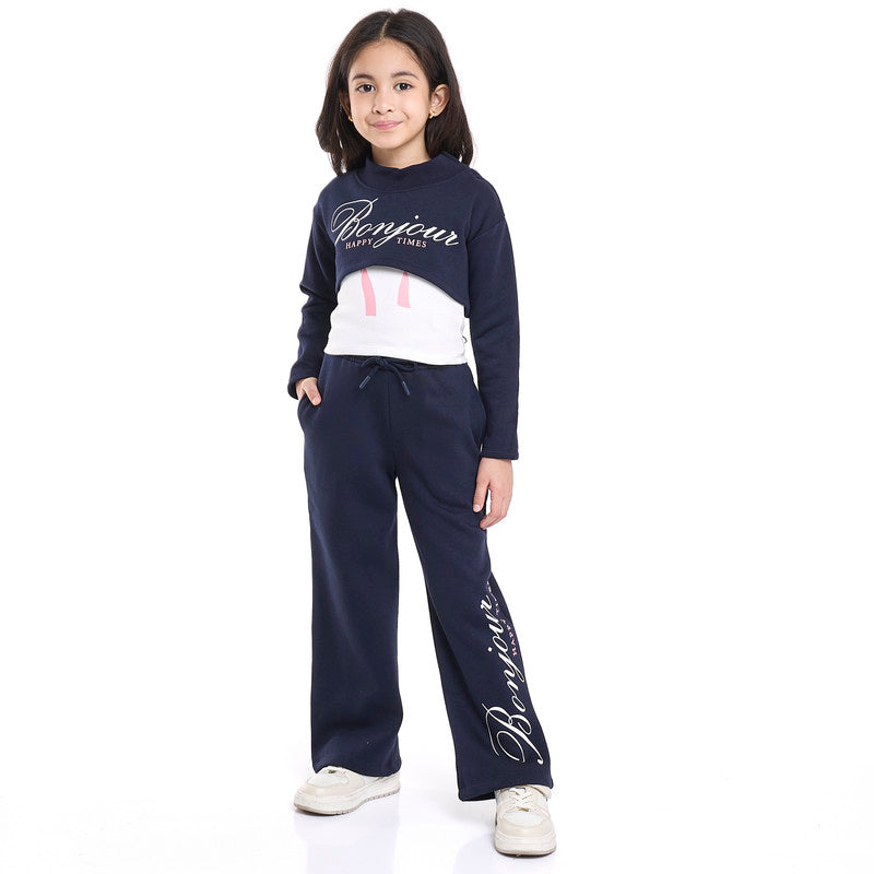 Junior Girls Bonjour 3-Piece Fleece Set – Navy & White