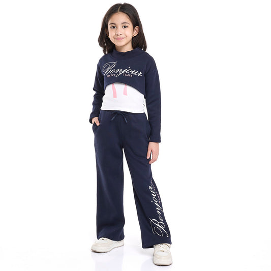 Junior Girls Bonjour 3-Piece Fleece Set – Navy & White