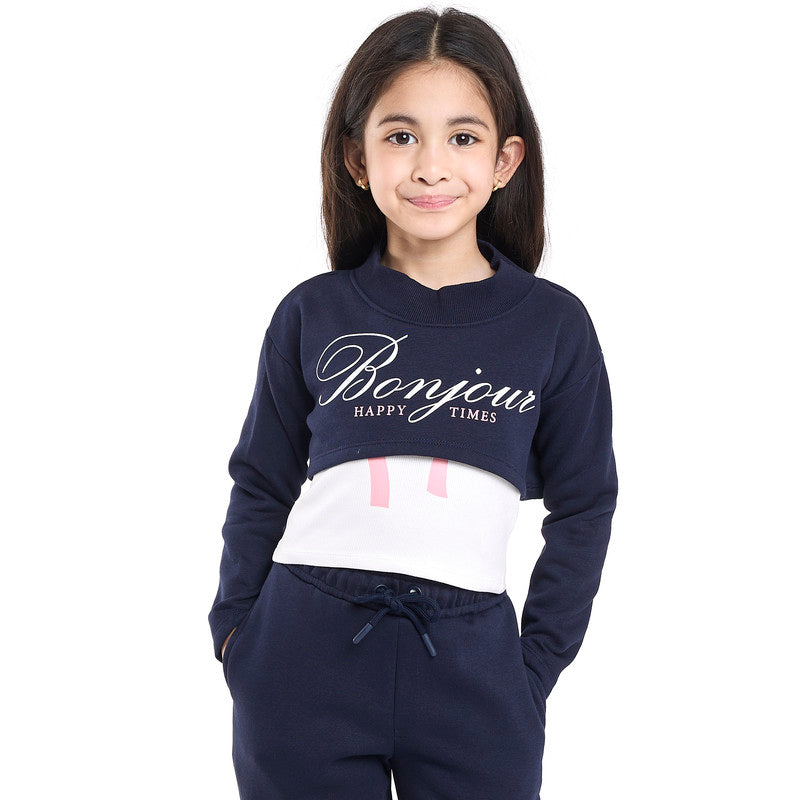 Junior Girls Bonjour 3-Piece Fleece Set – Navy & White