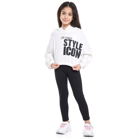 Girls Style Icon Fleece Tracksuit – Cream & Black Pinstripe 2-Piece Set