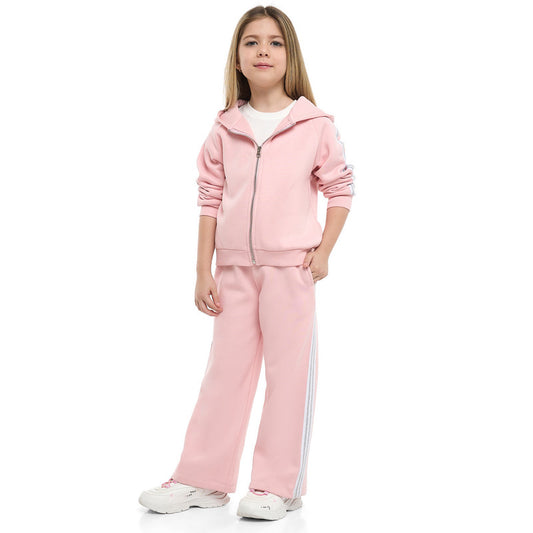 Girls Retro Stripe Fleece Tracksuit – Pink 2-Piece Set