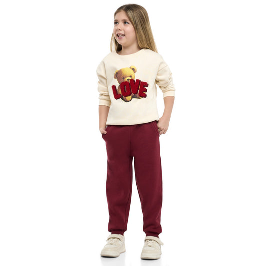 Girls Teddy Love Fleece Tracksuit – Cream & Burgundy 2-Piece Set