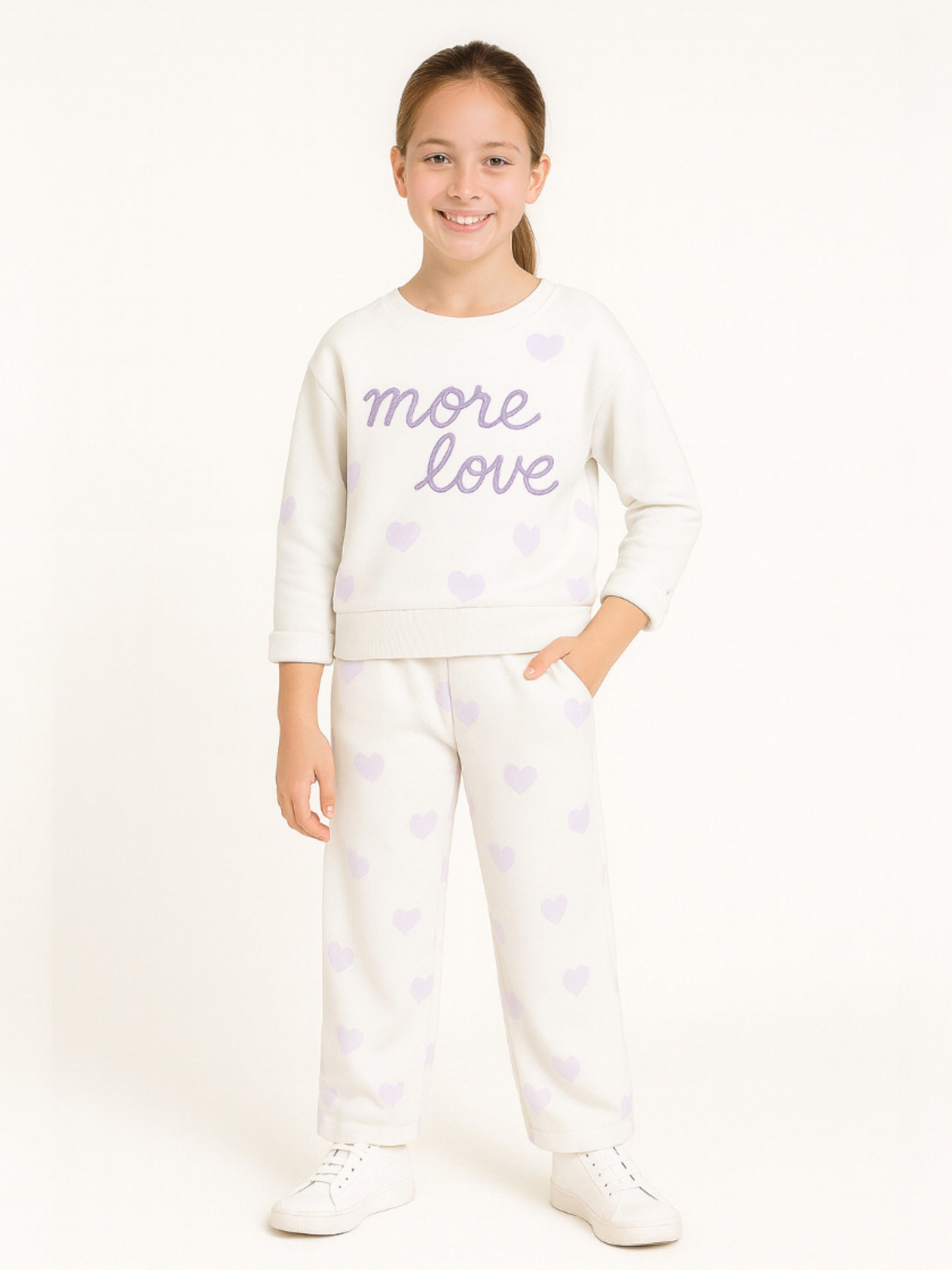 Girls More Love Heart-Print Fleece Tracksuit – Cream & Lavender 2-Piece Set