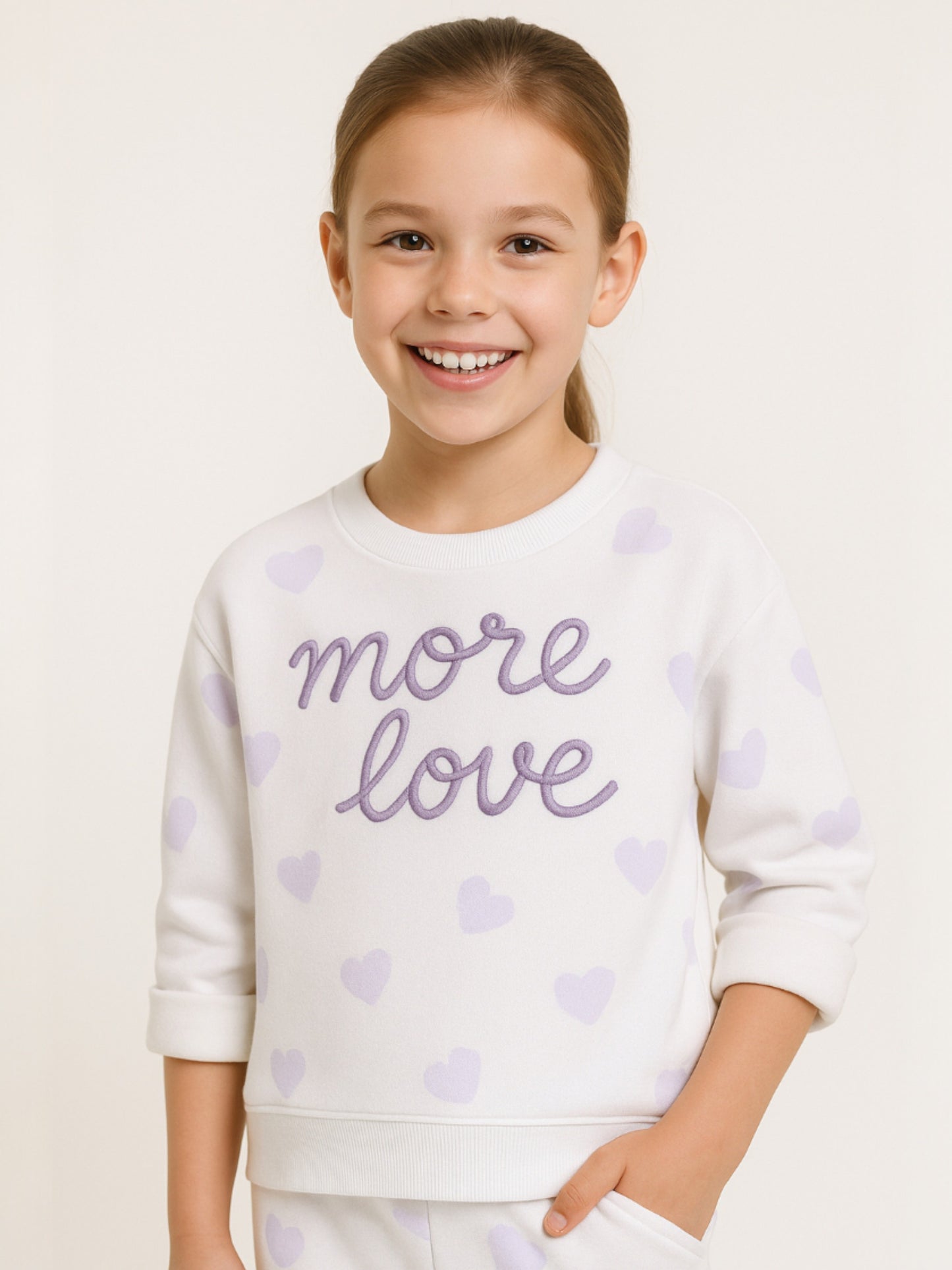 Girls More Love Heart-Print Fleece Tracksuit – Cream & Lavender 2-Piece Set
