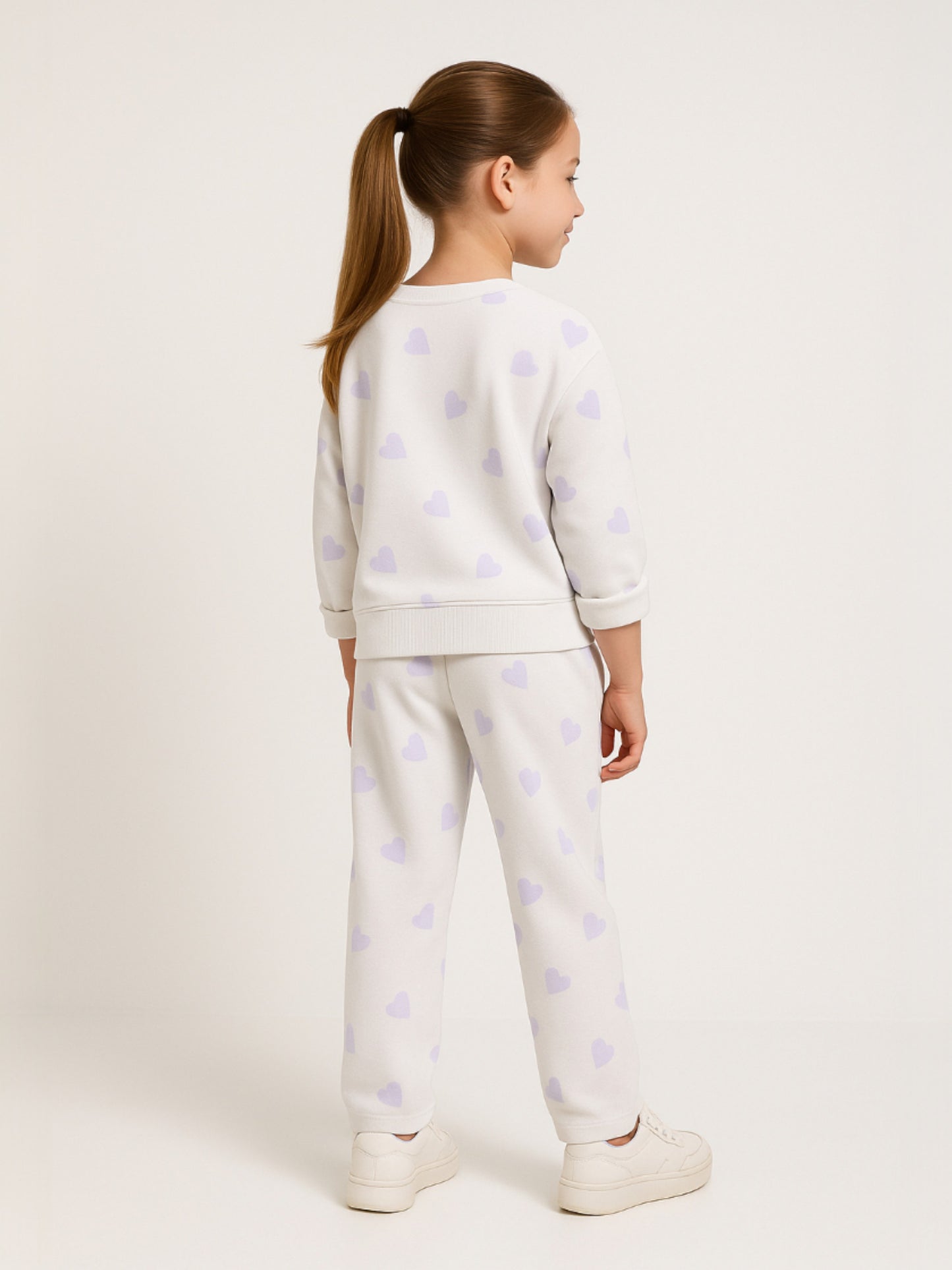 Girls More Love Heart-Print Fleece Tracksuit – Cream & Lavender 2-Piece Set