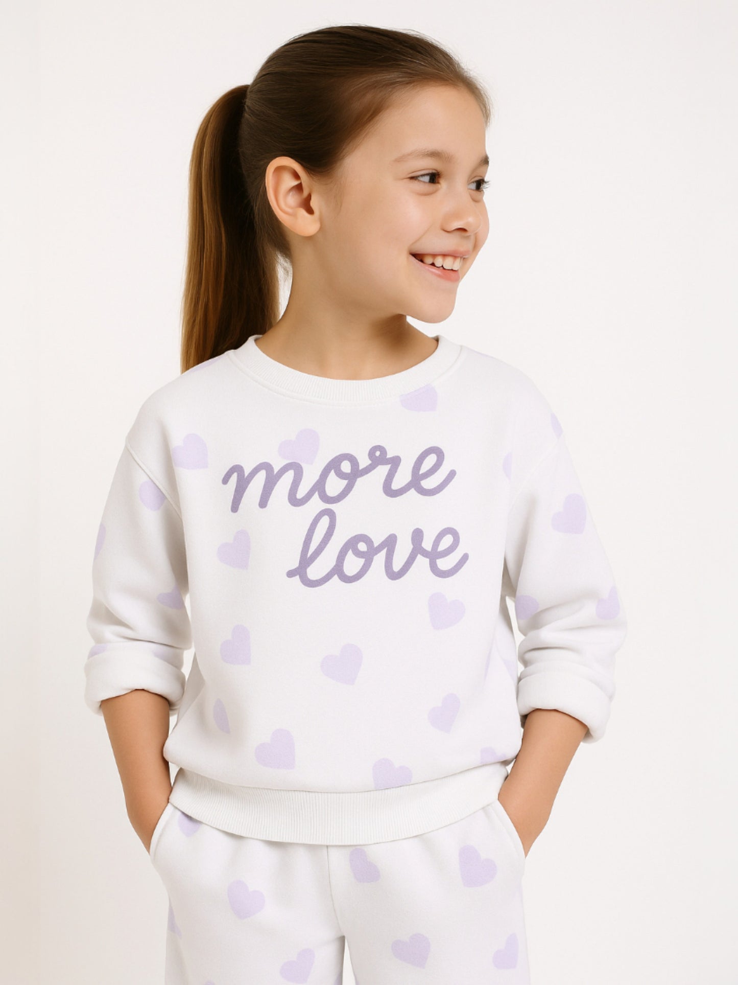 Girls More Love Heart-Print Fleece Tracksuit – Cream & Lavender 2-Piece Set