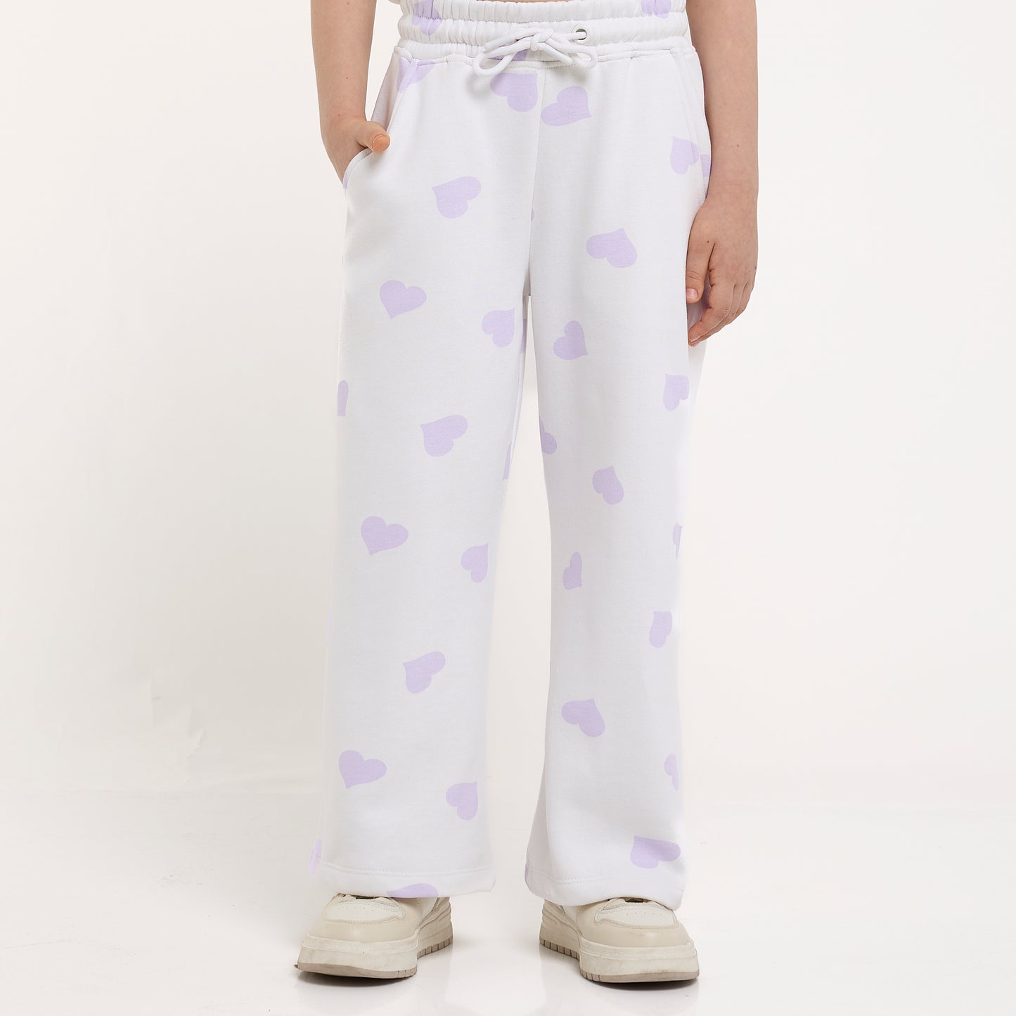 Girls More Love Heart-Print Fleece Tracksuit – Cream & Lavender 2-Piece Set