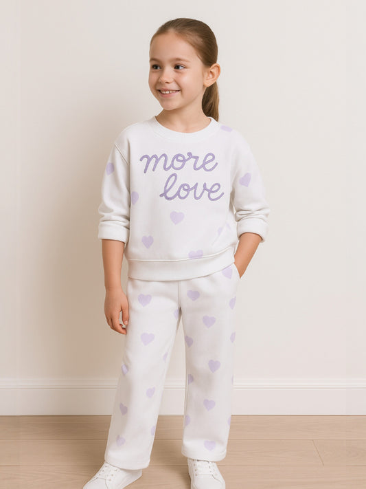 Girls More Love Heart-Print Fleece Tracksuit – Cream & Lavender 2-Piece Set