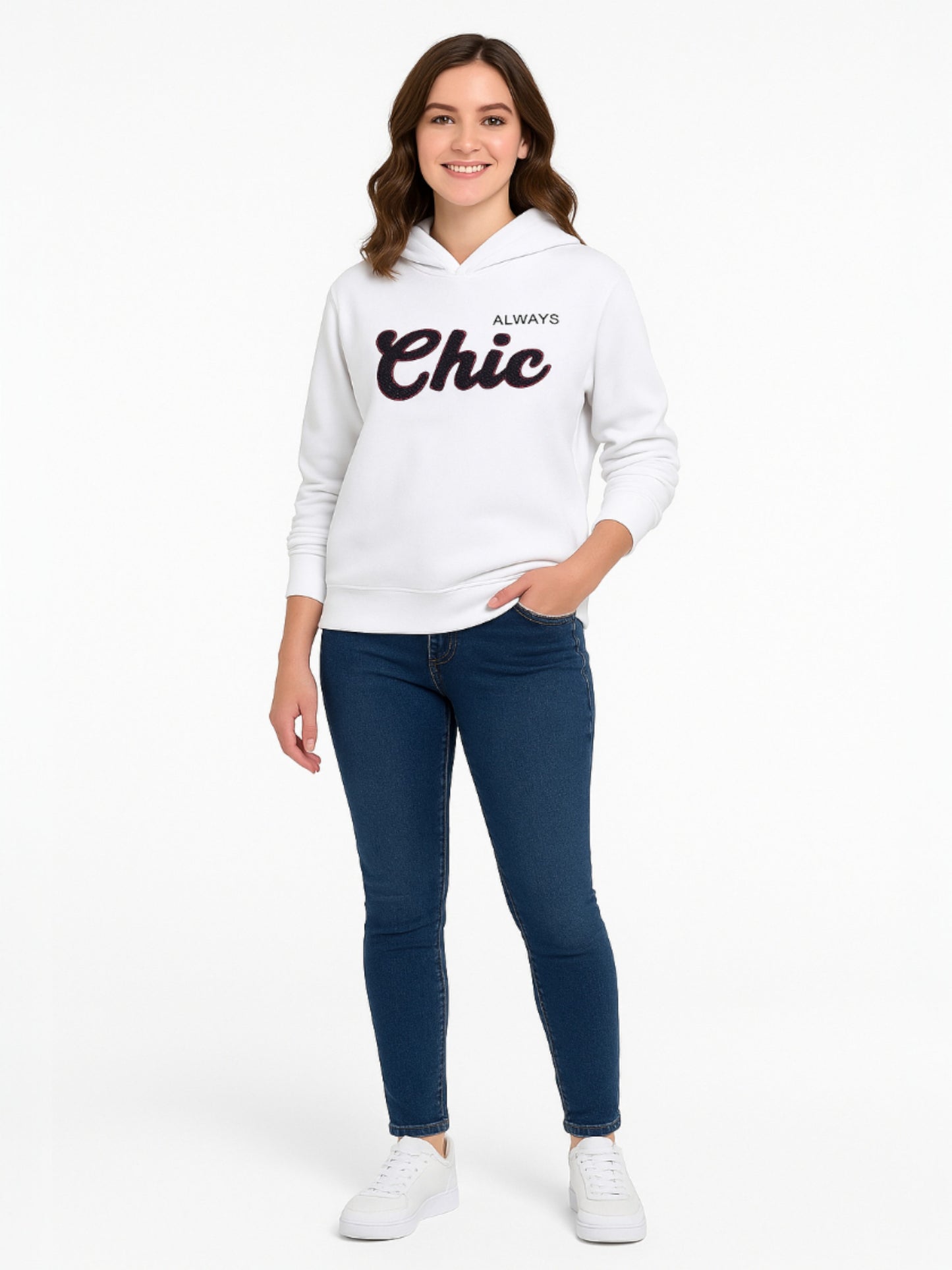 “Always Chic” Hoodie for Ladies – Off-White | 100% Cotton Fleece |