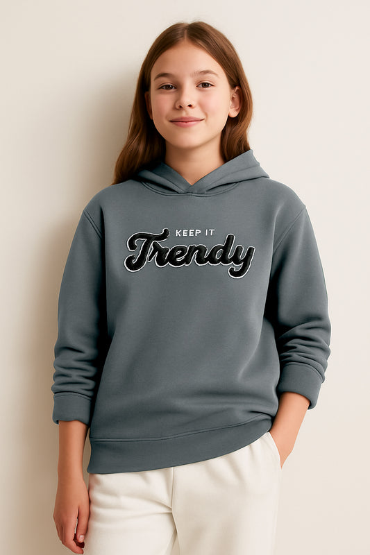 “Keep It Trendy” Graphic Hoodie for Girls – Teal Blue | 100% Cotton Fleece |