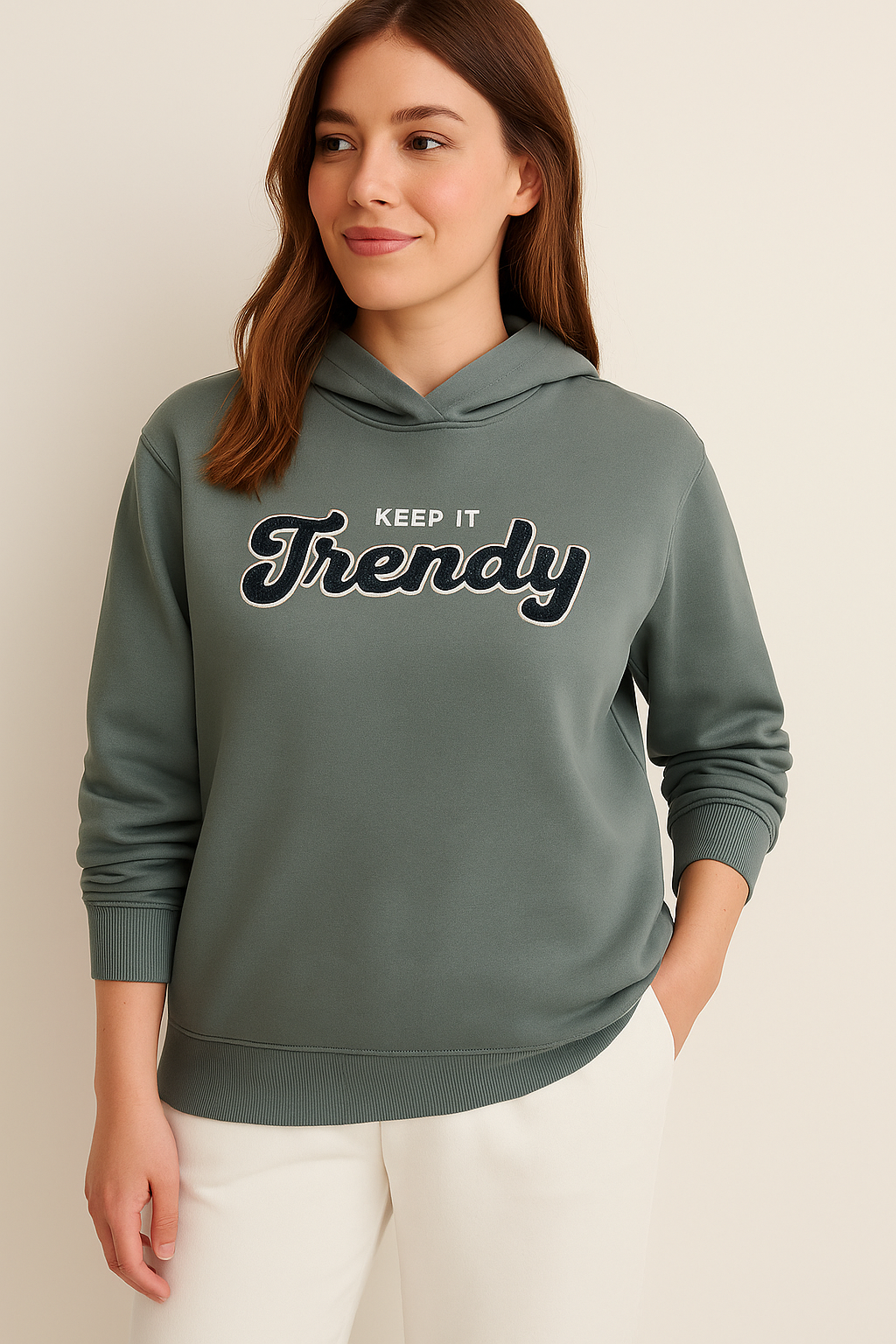 “Keep It Trendy” Graphic Hoodie for Ladies – Teal Blue | 100% Cotton Fleece |