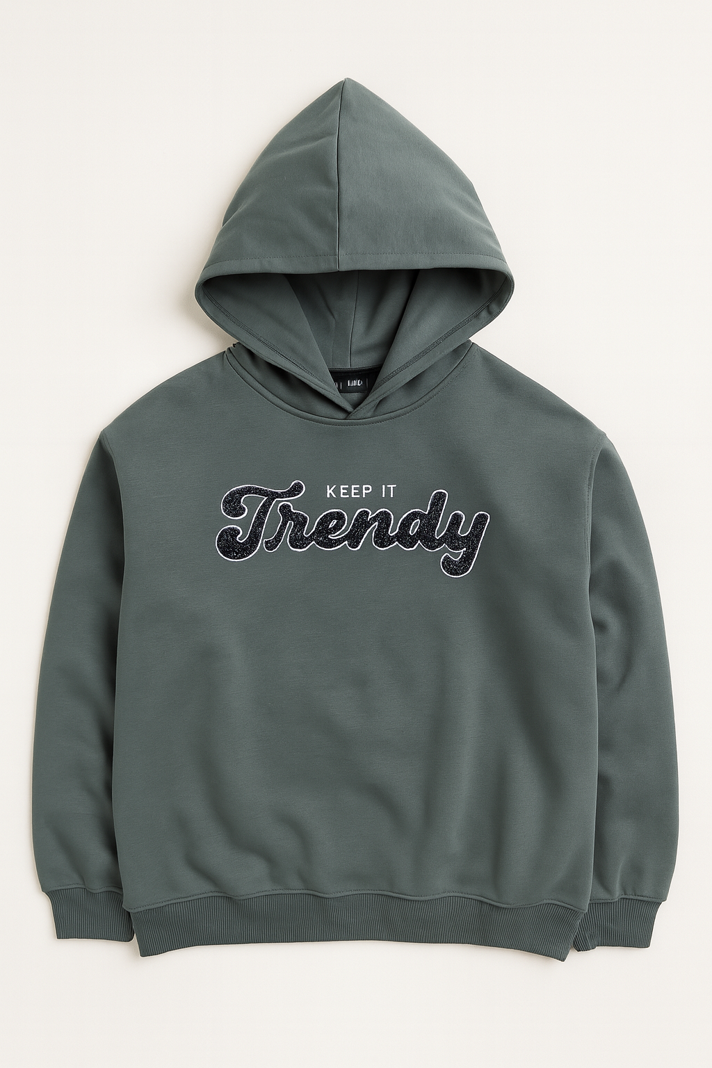 “Keep It Trendy” Graphic Hoodie for Ladies – Teal Blue | 100% Cotton Fleece |