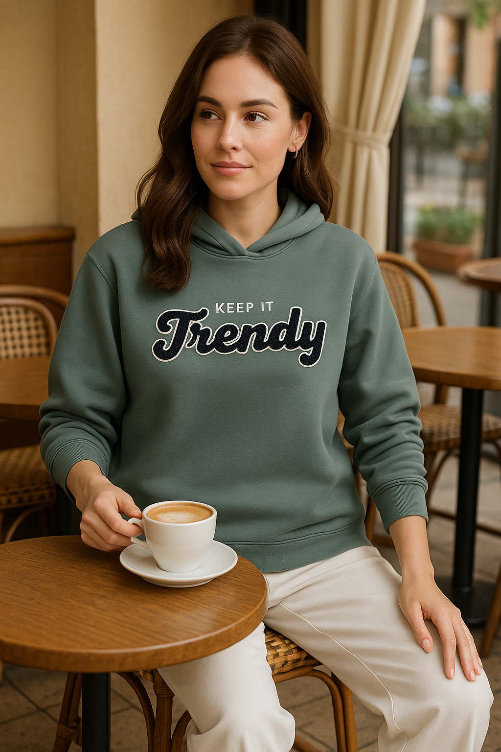 “Keep It Trendy” Graphic Hoodie for Ladies – Teal Blue | 100% Cotton Fleece |