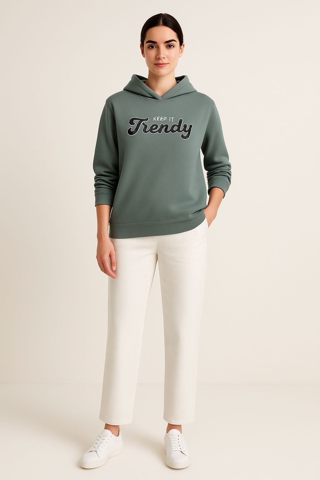 “Keep It Trendy” Graphic Hoodie for Ladies – Teal Blue | 100% Cotton Fleece |