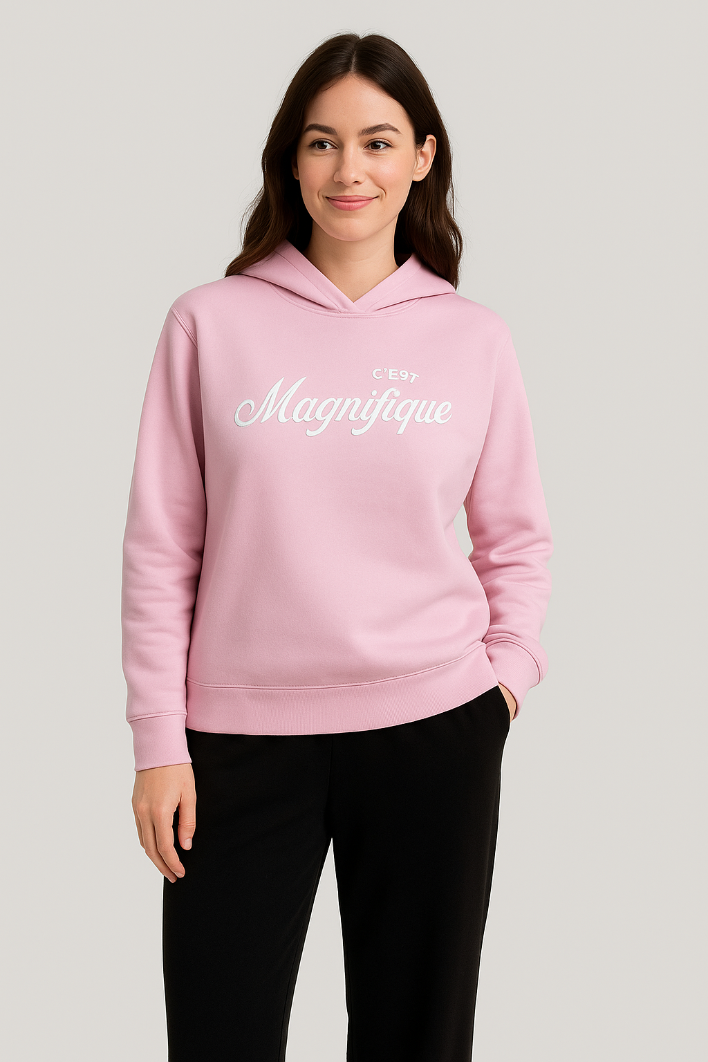 “C'est Magnifique” Graphic Hoodie for Ladies – Blush Pink | 100% Cotton Fleece |