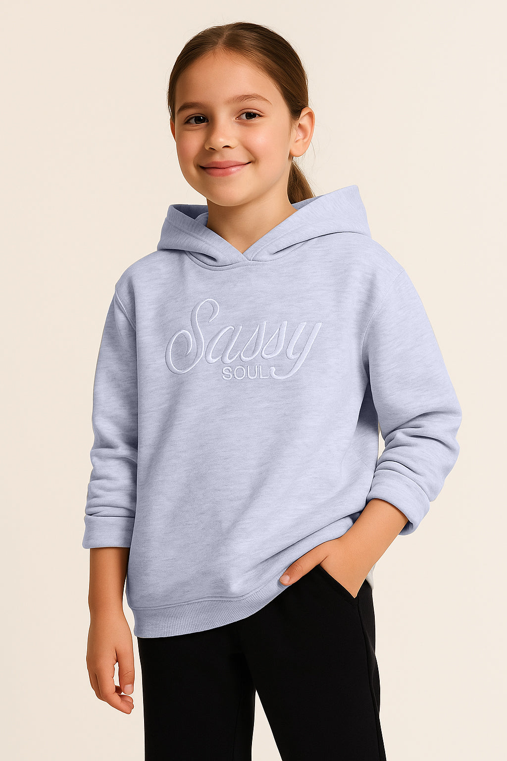 “Sassy Soul” Girls' Graphic Hoodie – Heather Grey | 100% Cotton Fleece |