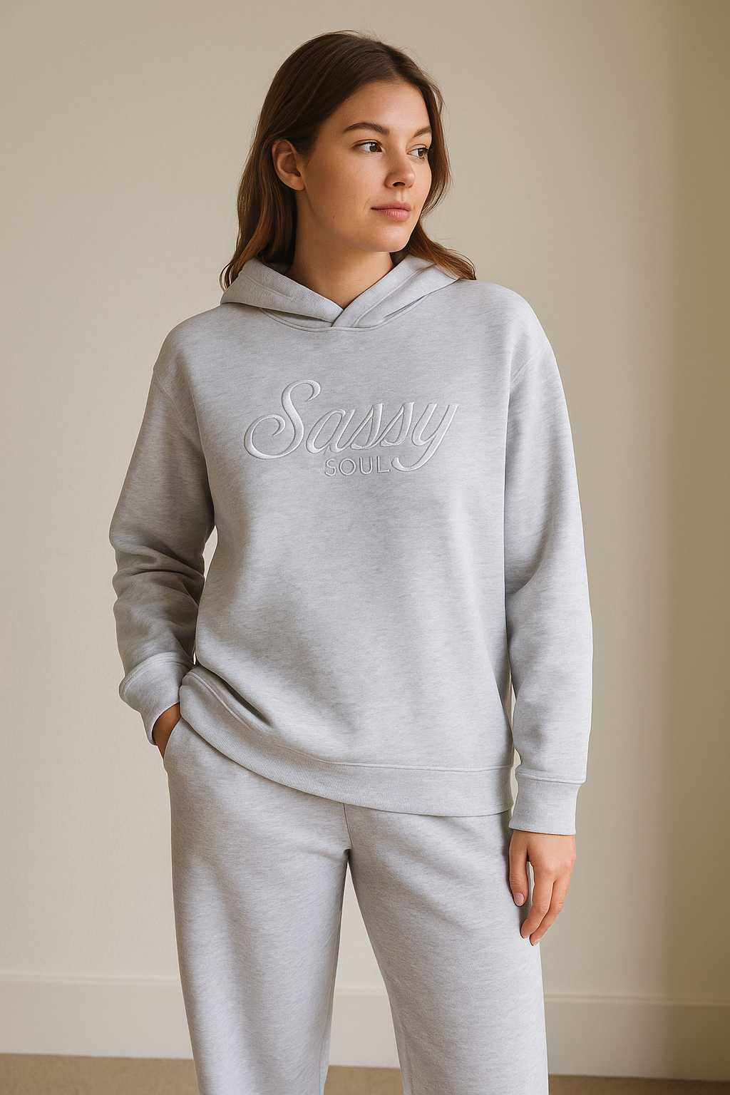 “Sassy Soul” Ladies' Graphic Hoodie – Heather Grey | 100% Cotton Fleece |