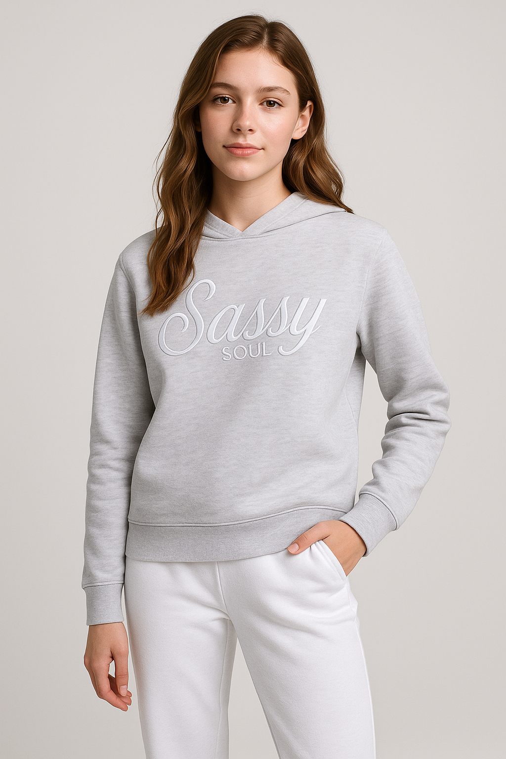 “Sassy Soul” Ladies' Graphic Hoodie – Heather Grey | 100% Cotton Fleece |