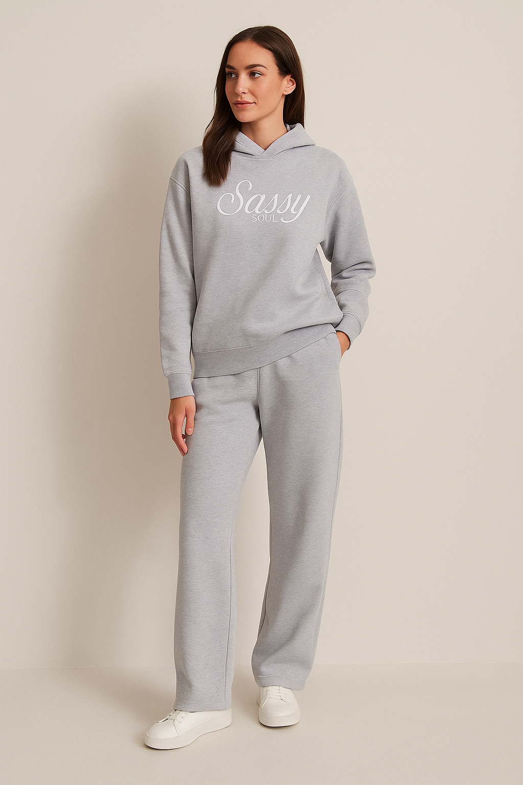 “Sassy Soul” Ladies' Graphic Hoodie – Heather Grey | 100% Cotton Fleece |