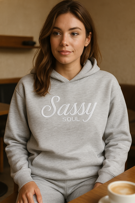 “Sassy Soul” Ladies' Graphic Hoodie – Heather Grey | 100% Cotton Fleece |