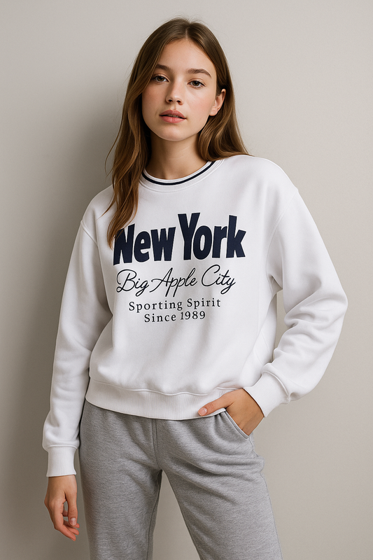 “New York Big Apple” Contrast Rib Sweatshirt – 100% Cotton Fleece