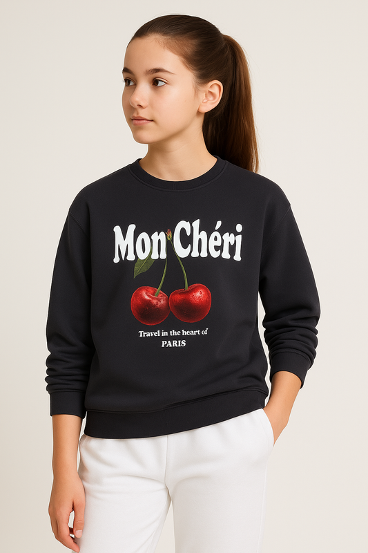 Mon Chéri Cherry Print Sweatshirt – 100% Cotton Fleece | Puff Print |