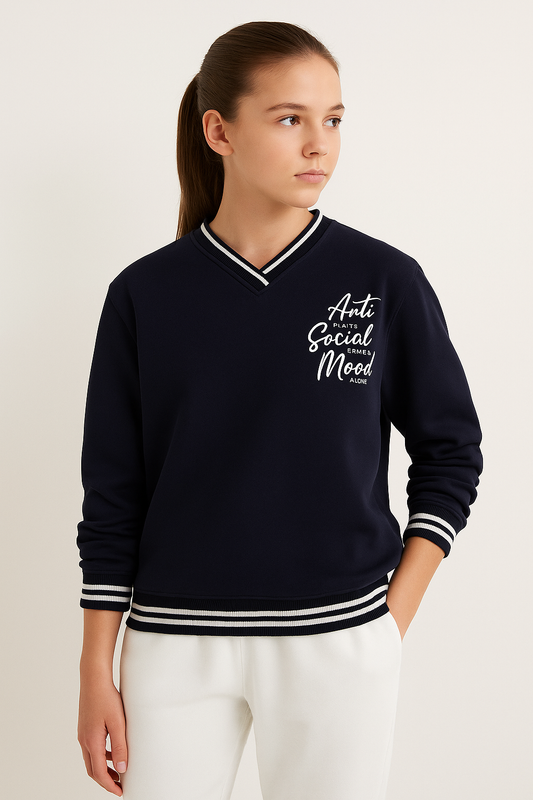 V-Neck "Anti Social Mood" Sweatshirt – Navy | 100% Cotton Fleece |