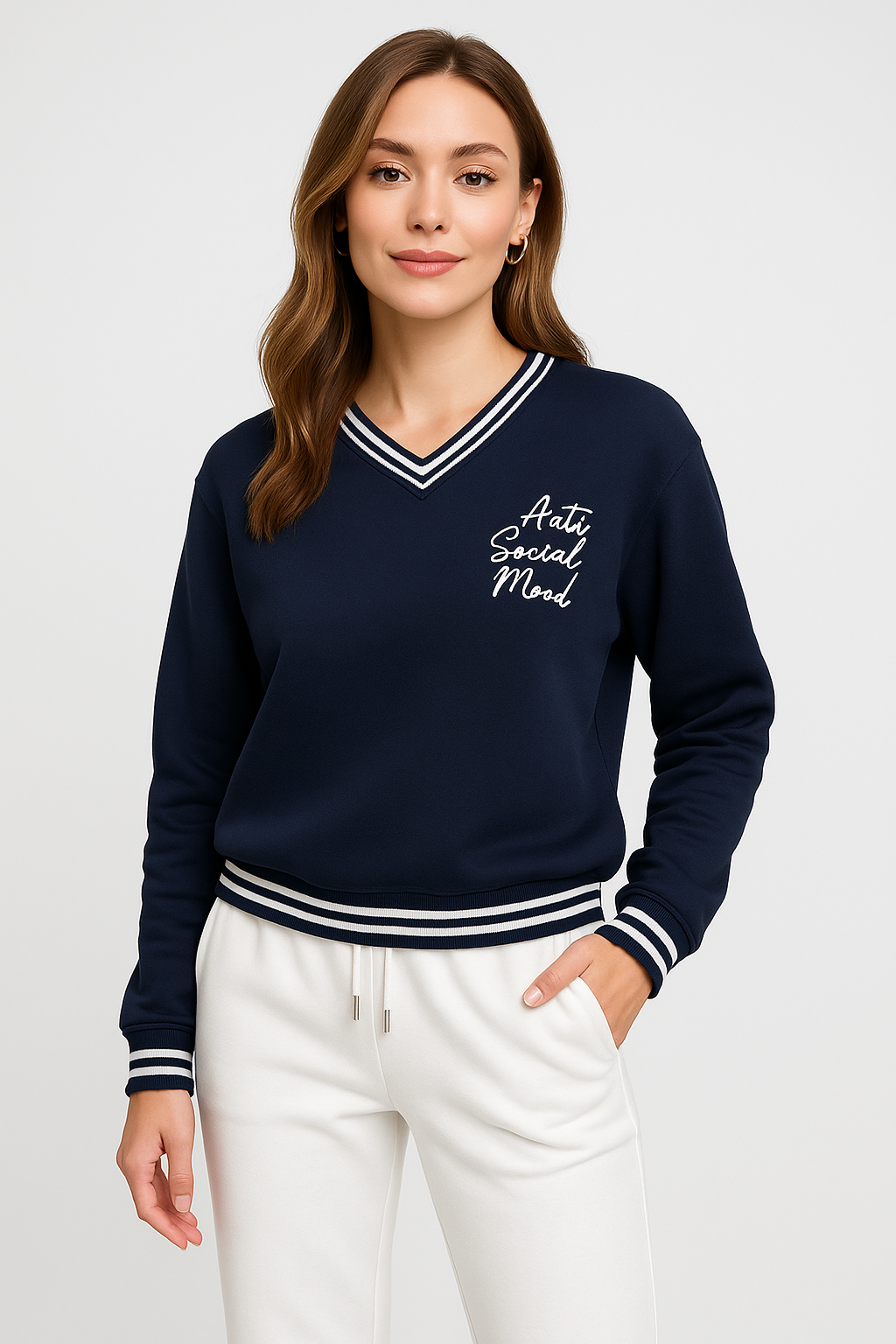 V-Neck "Anti Social Mood" Sweatshirt – Navy | 100% Cotton Fleece |