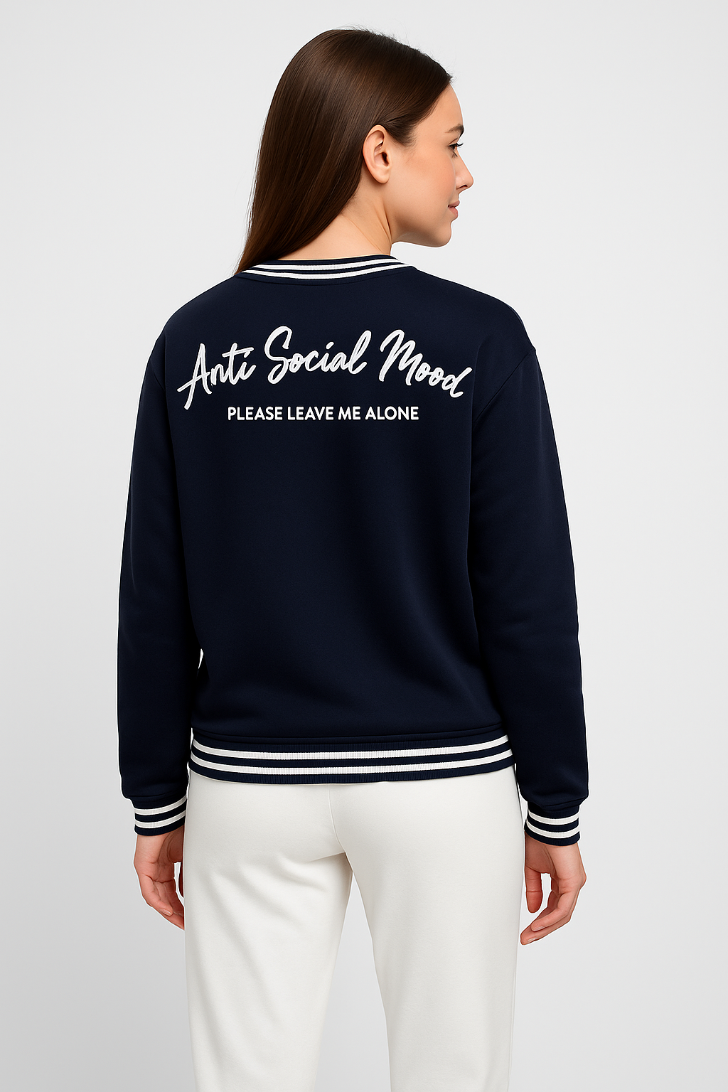 V-Neck "Anti Social Mood" Sweatshirt – Navy | 100% Cotton Fleece |