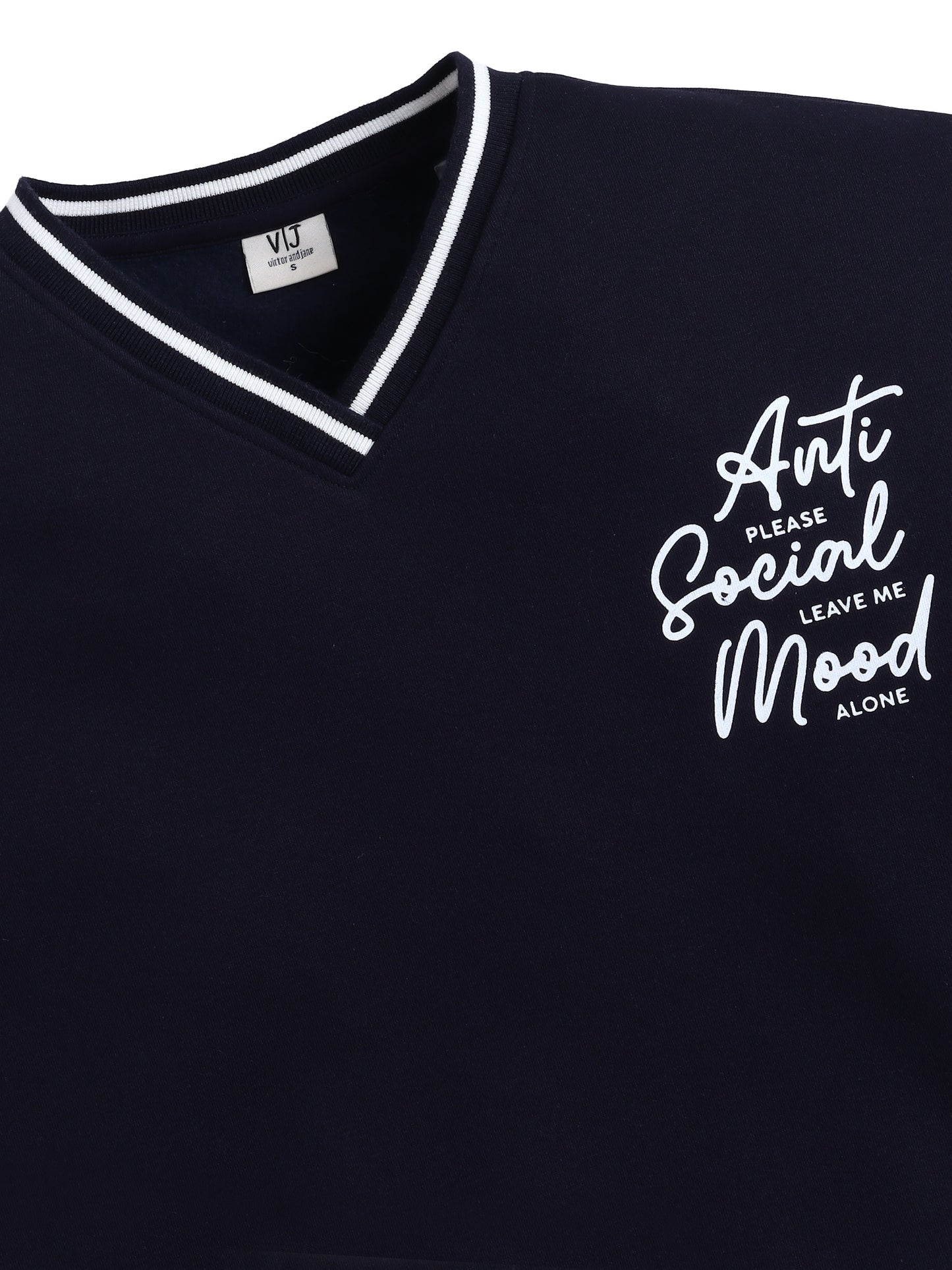 V-Neck "Anti Social Mood" Sweatshirt – Navy | 100% Cotton Fleece |