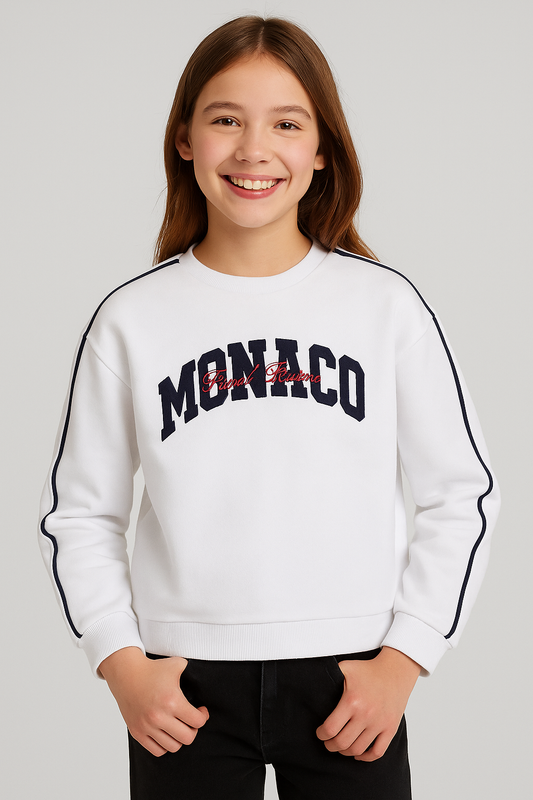 “Monaco” Girls' Varsity Sweatshirt – Off-White | 100% Cotton Fleece |