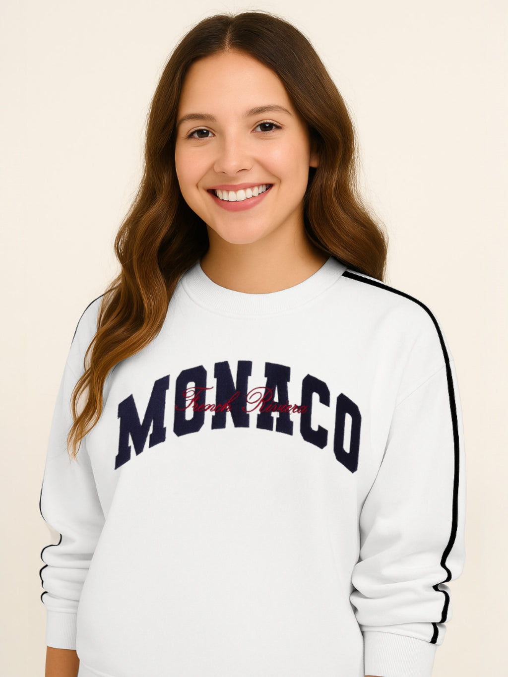 Œmonaco” Ladies' Varsity Sweatshirt “ Off-White | 100% Cotton Fleece |