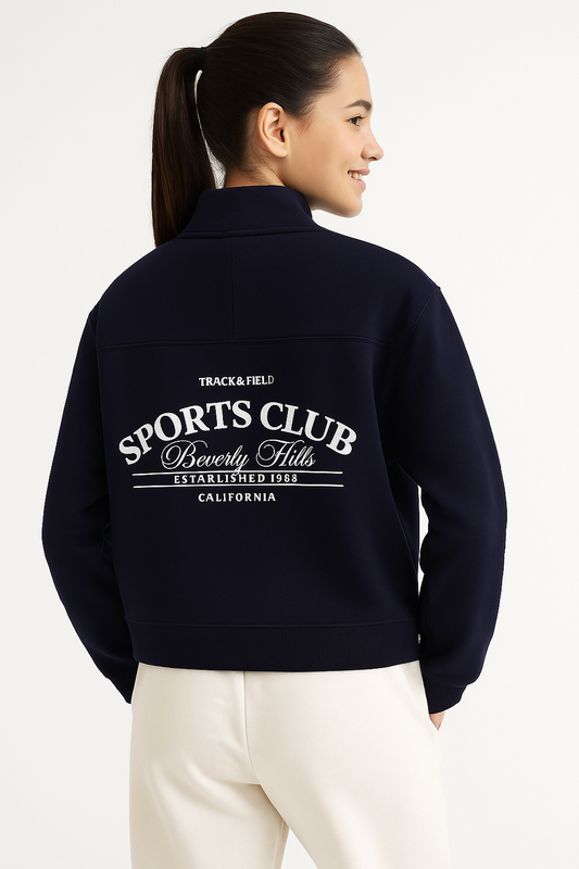 “Sports Club” Girls' Half-Zip Sweatshirt – Navy | 100% Cotton Fleece |