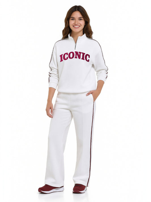 ICONIC White & Maroon Half-Zip  Sweater & Wide-Leg Jogger Set