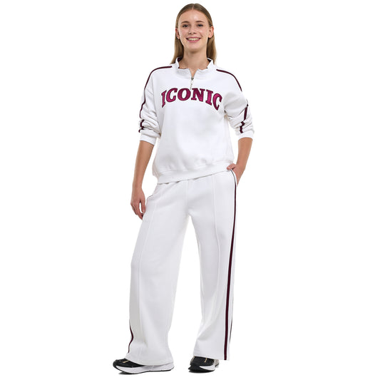 ICONIC White & Maroon Half-Zip  Sweater & Wide-Leg Jogger Set