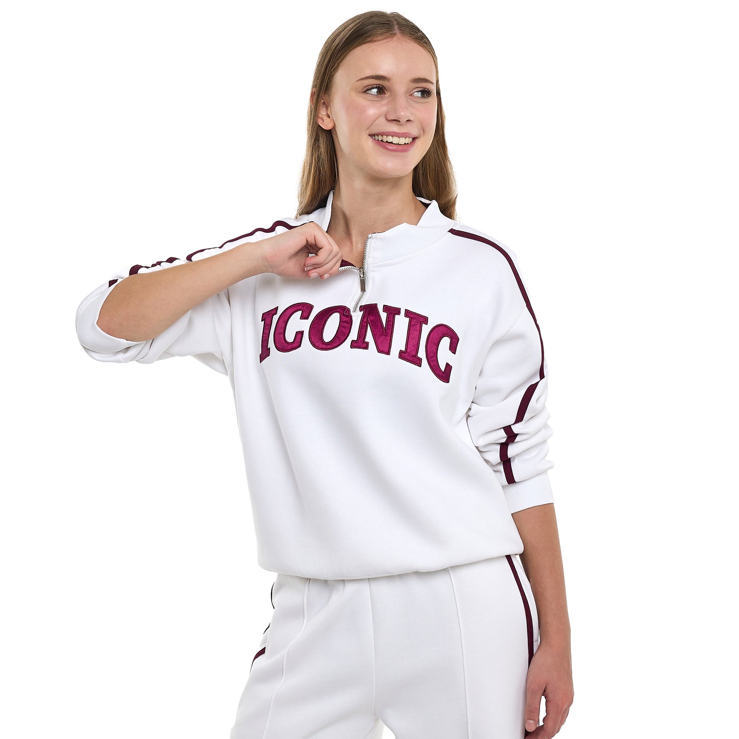 ICONIC White & Maroon Half-Zip  Sweater & Wide-Leg Jogger Set